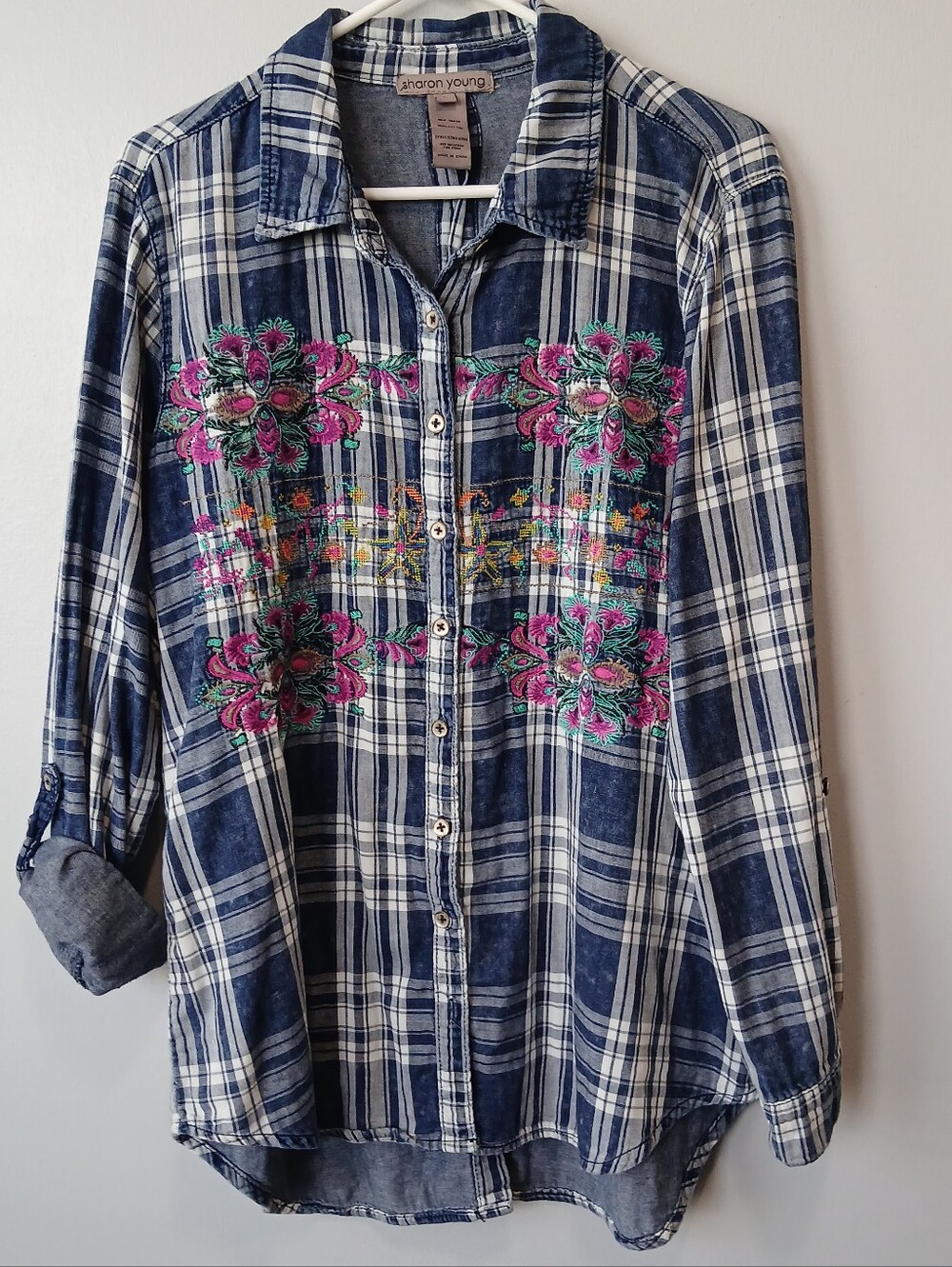 Sharon Young 100% Cotton Embroidered Button Down Shirt Large Oversized Comfy Fal